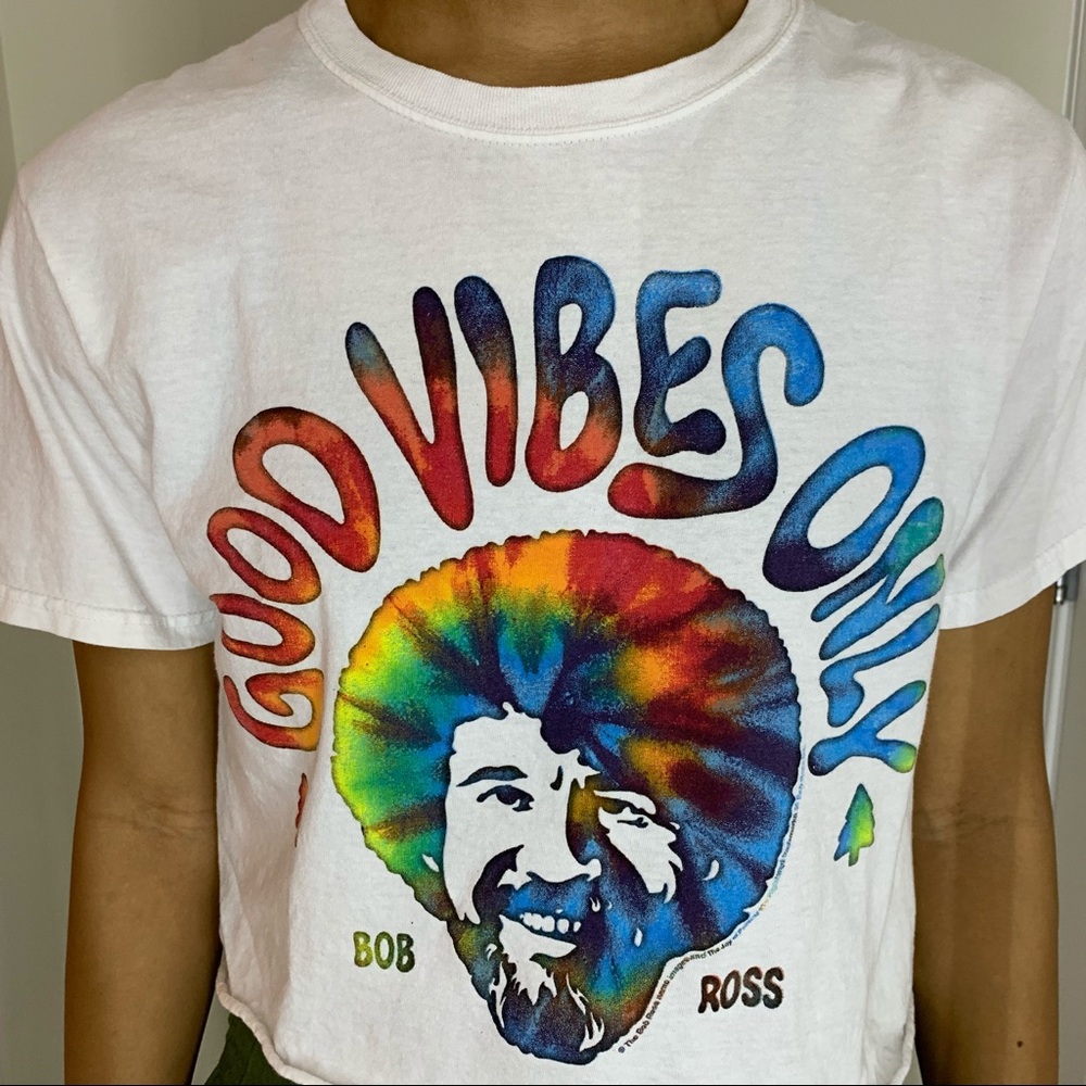 Bob Ross Good Vibes Only Graphic T-Shirt Crop Top - Picture 2 of 5